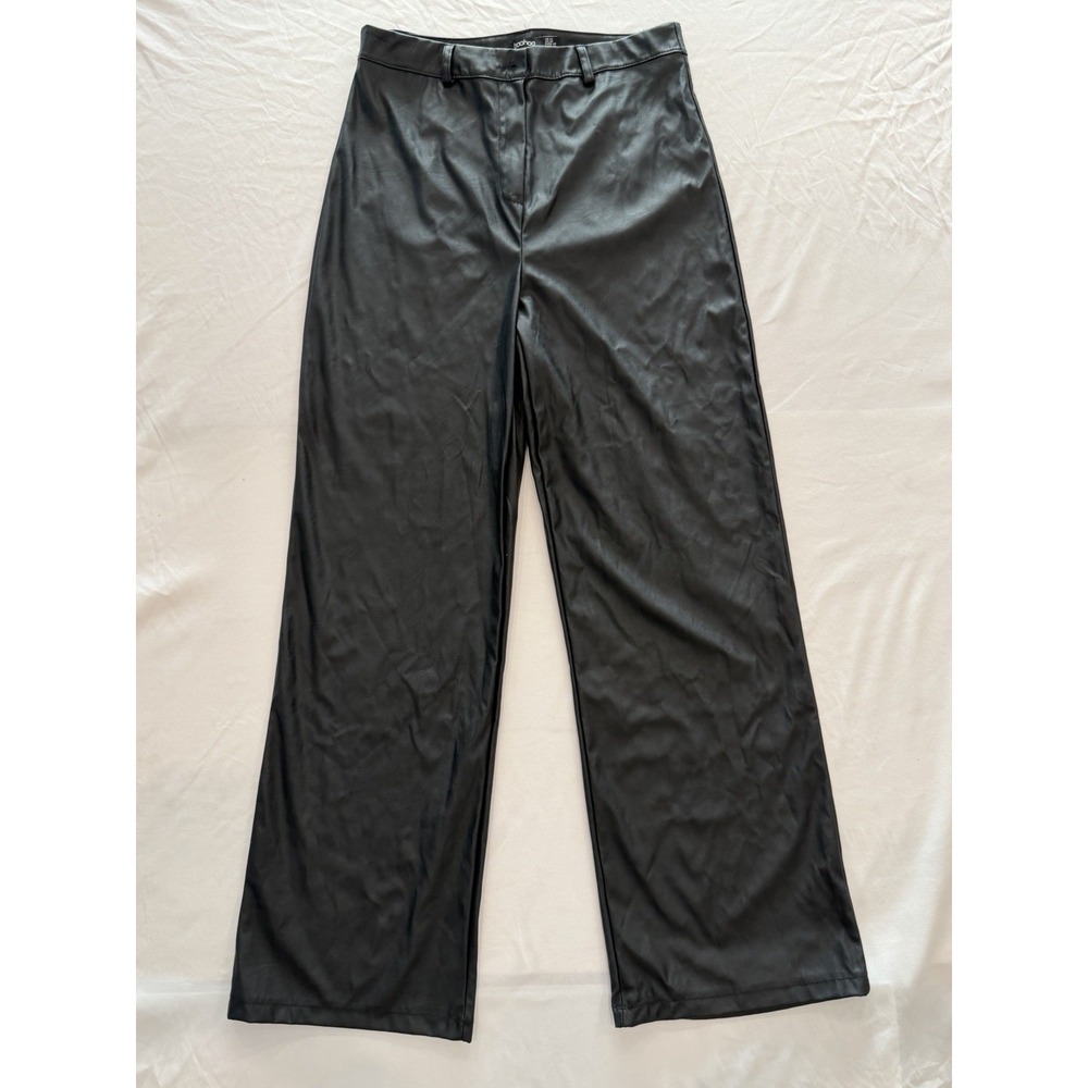 Faux Leather Womens Ankle Pants High Waist Wide Black Leg Trouser Size 10 Casual